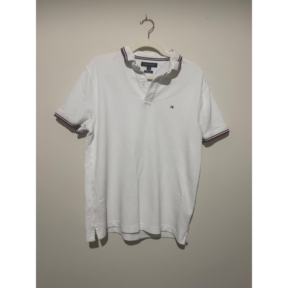 Tommy Hilfiger Mens White Pique Polo Shirt Regular Fit Tipped Collar L